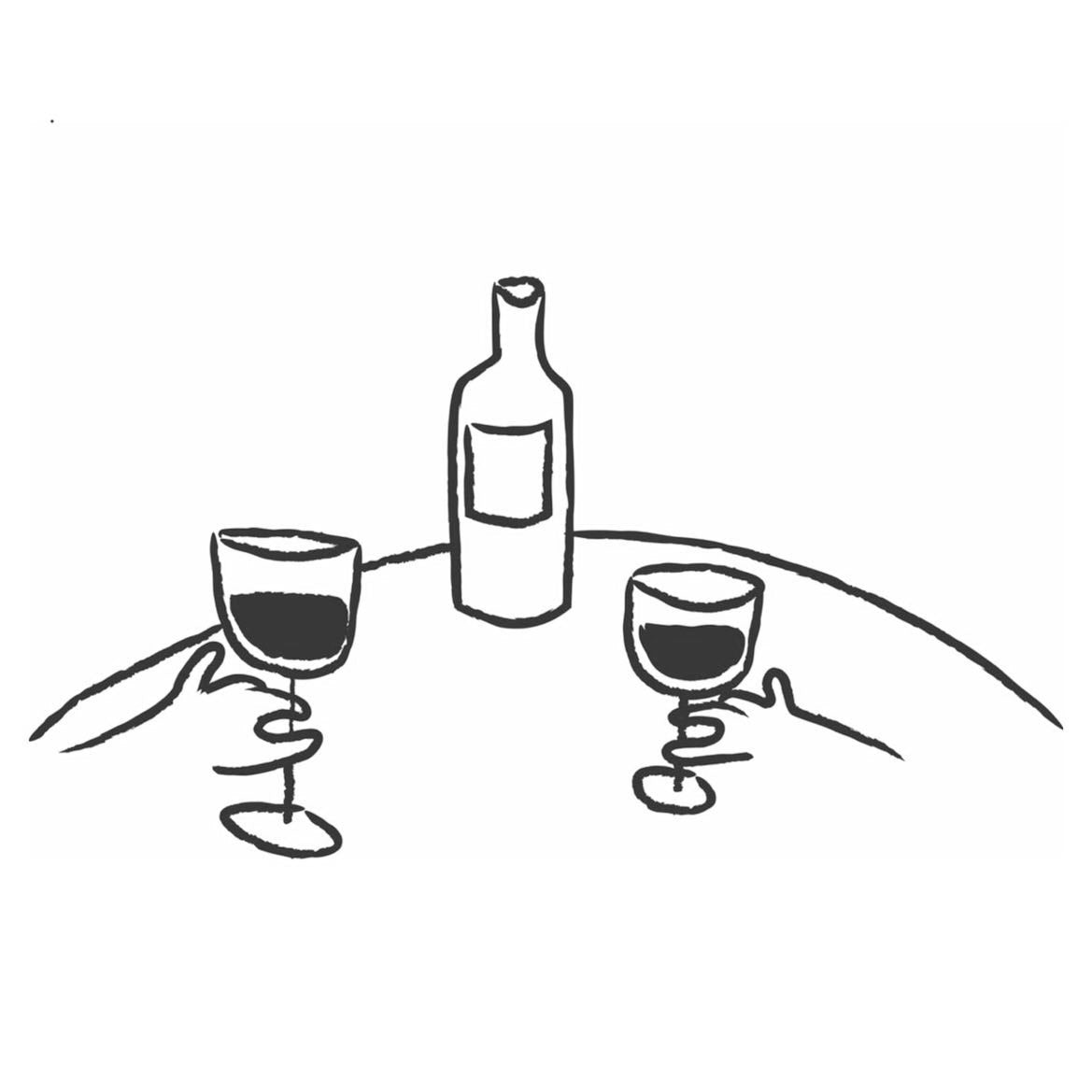 Genbergs drawing of two hands raising a toast across a table